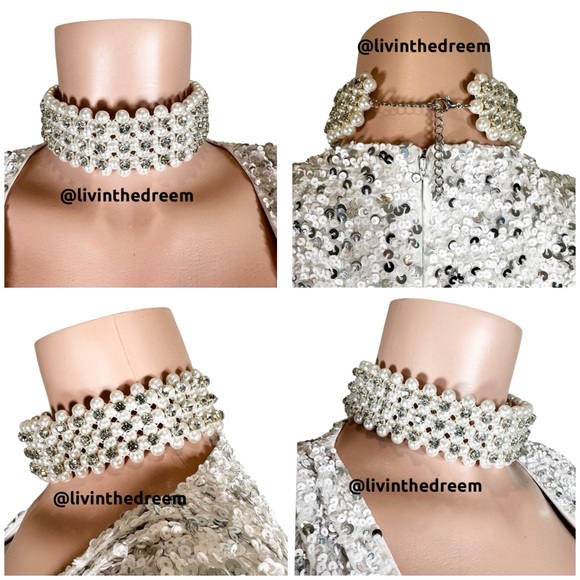 RETROFETE ROSEWOOD PEARL & RHINESTONE STATEMENT CHOKER $199 - Picture 12 of 12